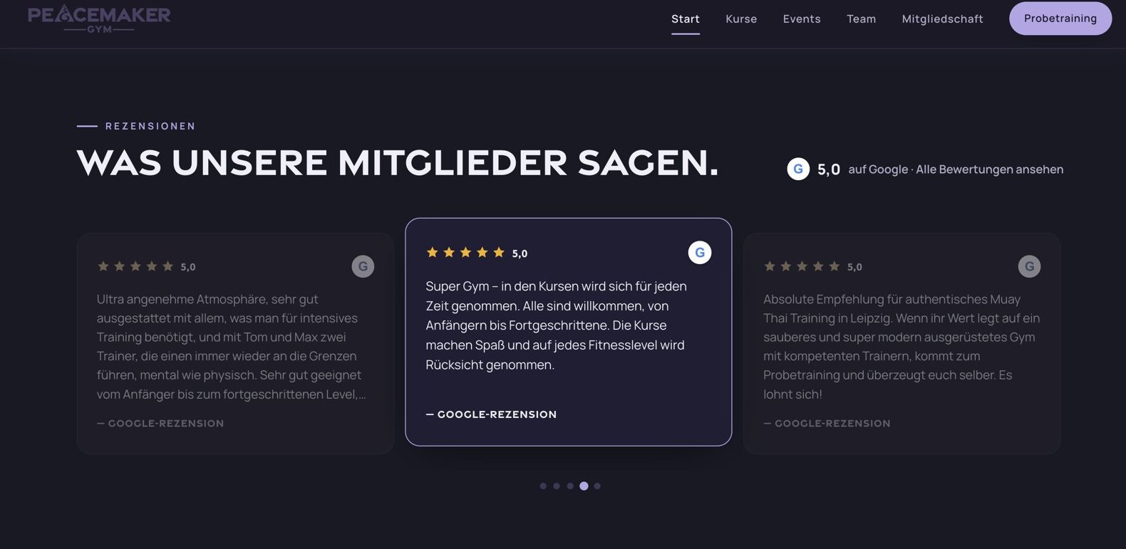 Rezensionen auf der Website des Peacemaker Gym