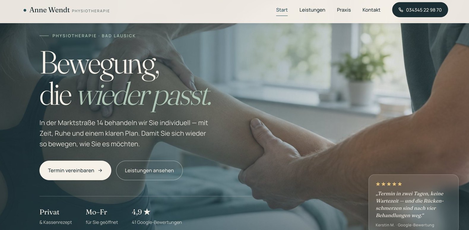Startseite des Konzeptprojekts Physiotherapie Anne Wendt